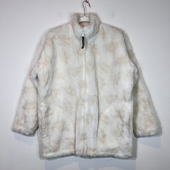 Fuzzy Sherpa Jacket Cream & Beige Leaf Pattern Cozy Full Zip Warm Coat - Picture 3 of 12